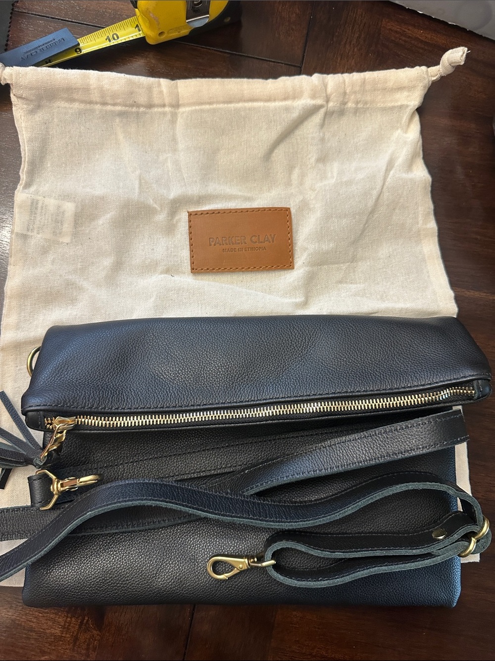 Parker Black Pebbled Leather Fold-Over Crossbody with Gold Hardware